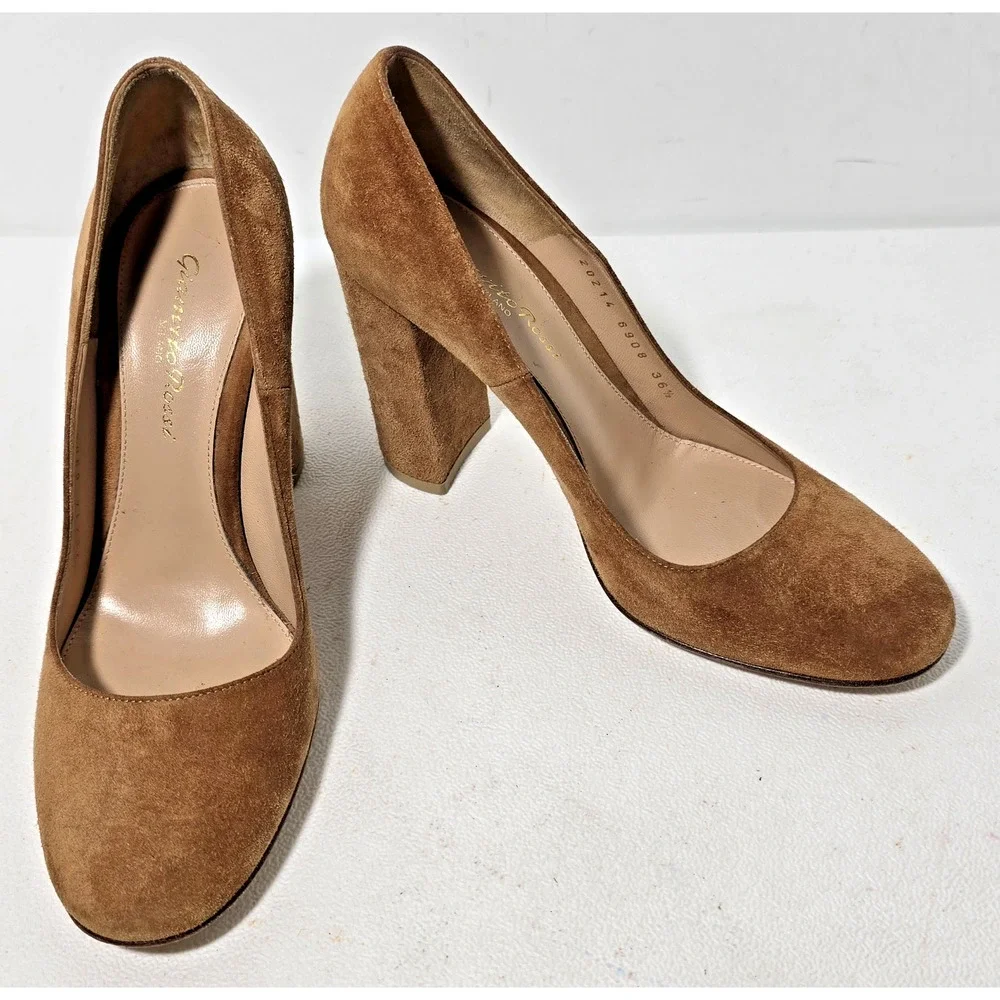 Gianvito Rossi Camel Cognac Suede Heels Pumps 36.5/6.5 Round Toe Block Heel $895